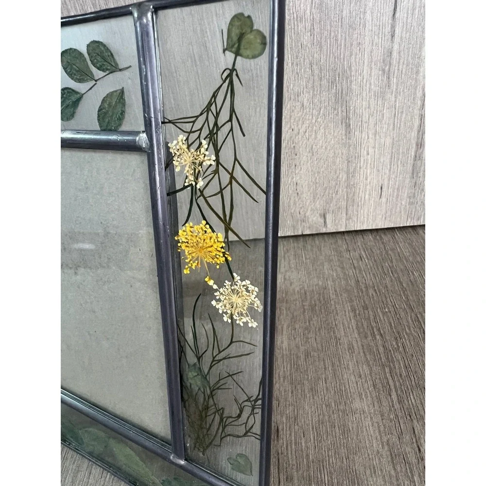 Pressed Flower Glass Picture Frame Vintage Metal Solder Botanical Cottagecore